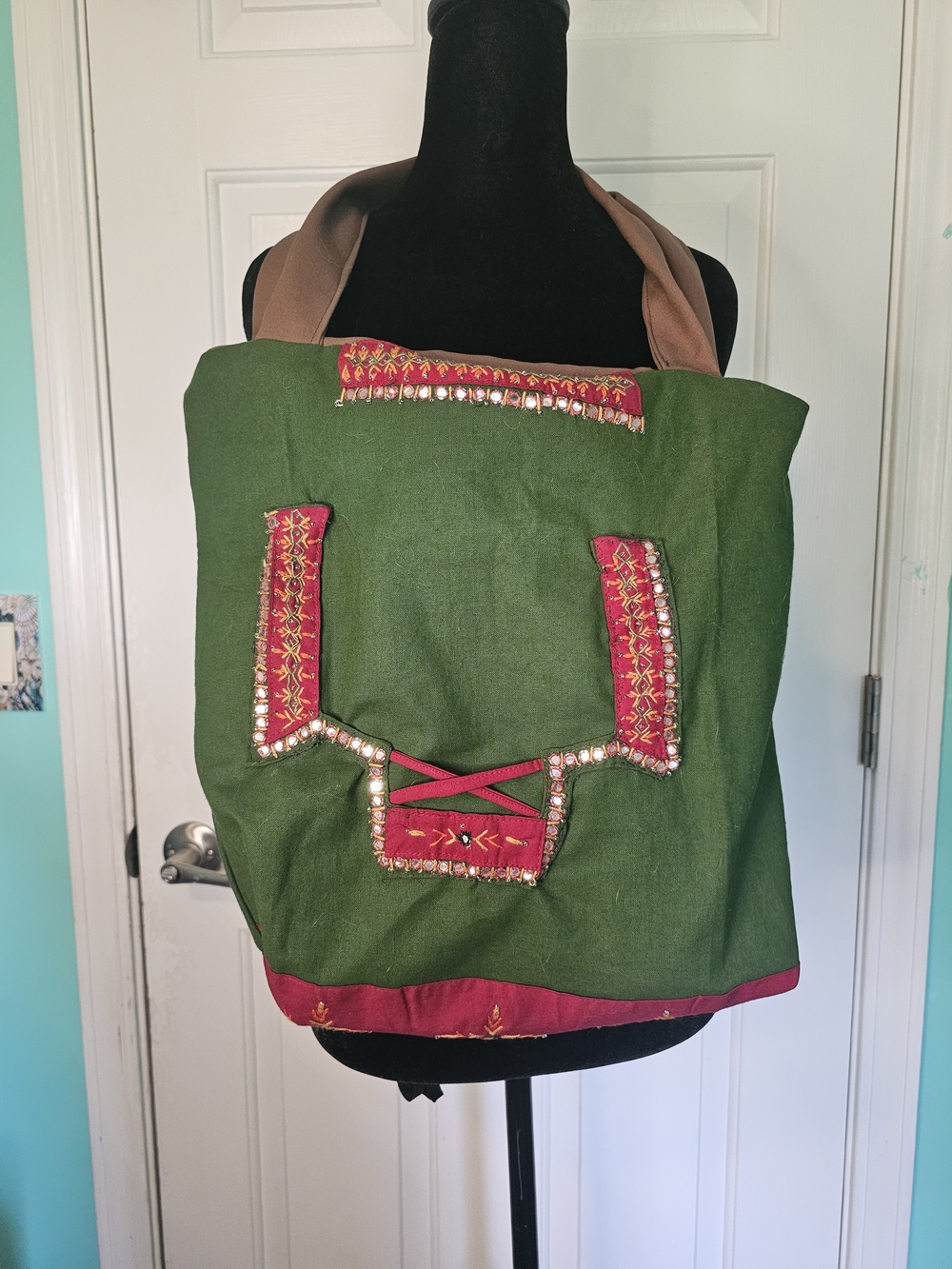 Coriander & Cumin Handmade Red, Green, and Tan Embroidered Tote Bag